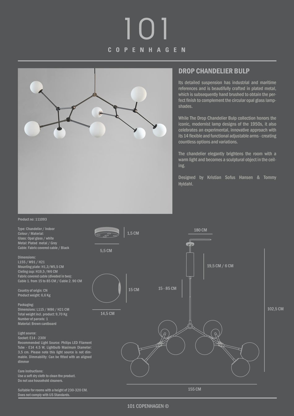 Drop Chandelier Bulp Grey van 101 Copenhagen - Afbeelding 5
